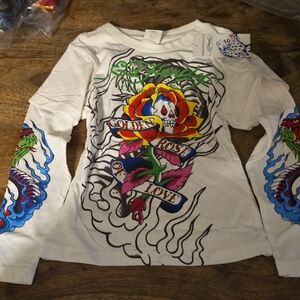 Ed Hardy White Long Sleeve Kids Tee with Colorful Graphics